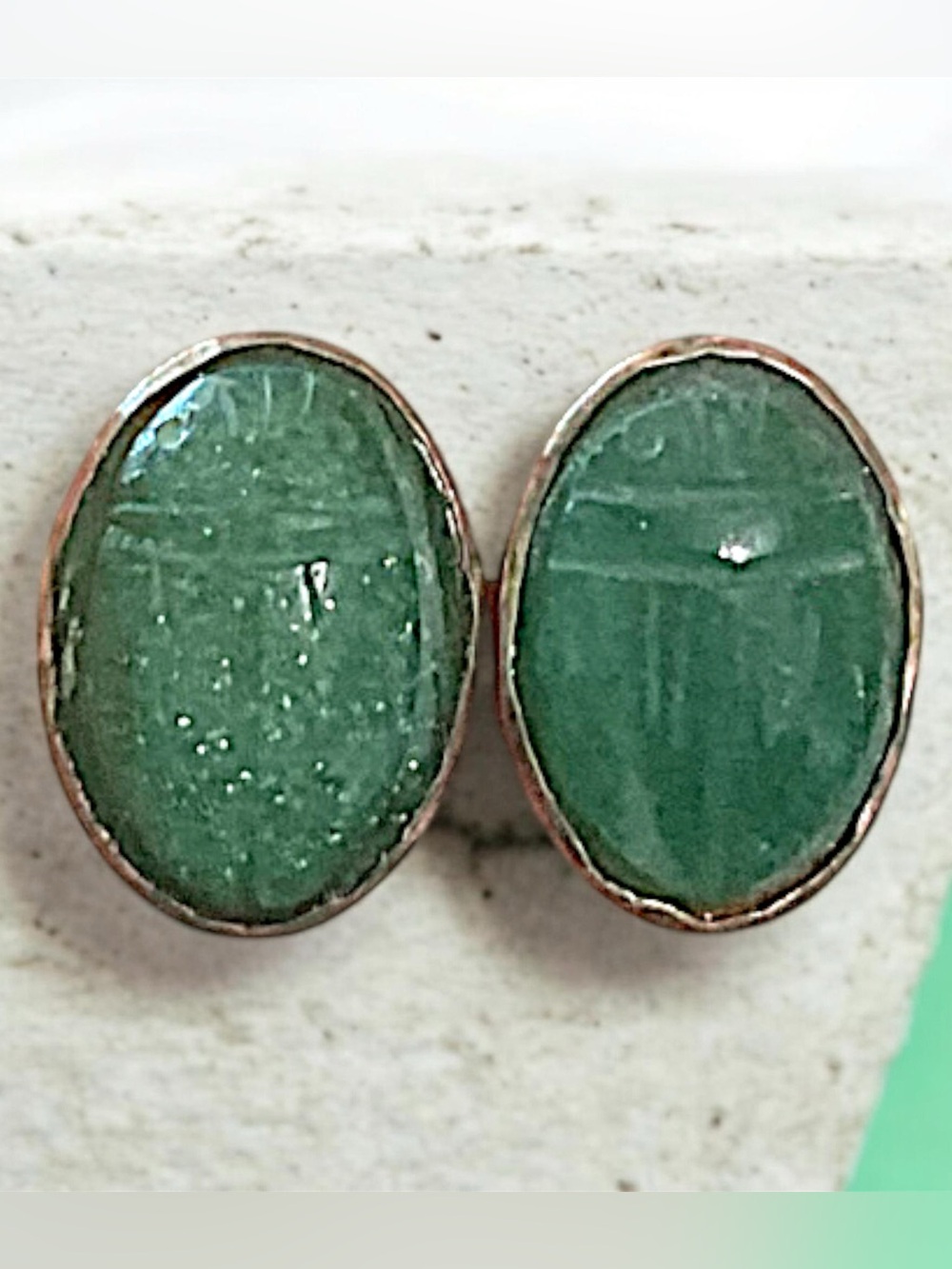 Vintage Egyptian Revival Jade Scarab Beetle Sterling Silver Stud Earrings